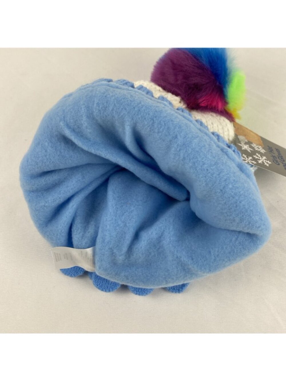 Girls' Balloon Dog Multicolored Pom Pom Blue & White Knit Hat & Glove Set OS NWT - Picture 3 of 5